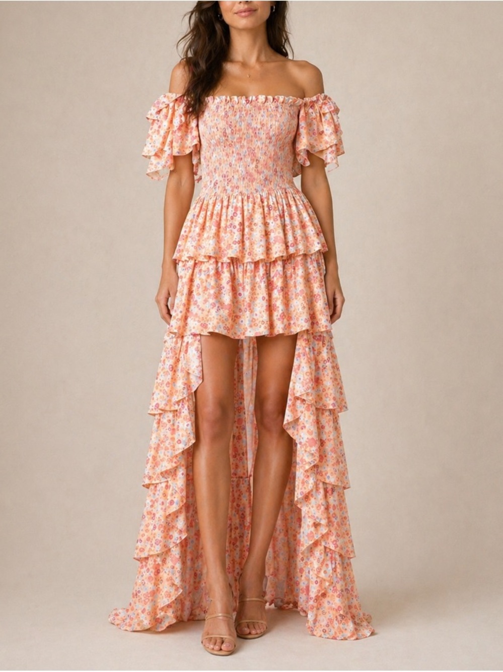 Vanessa Scott Floral Hi Low Dress Smocked Tiered Cottagecore Boho S